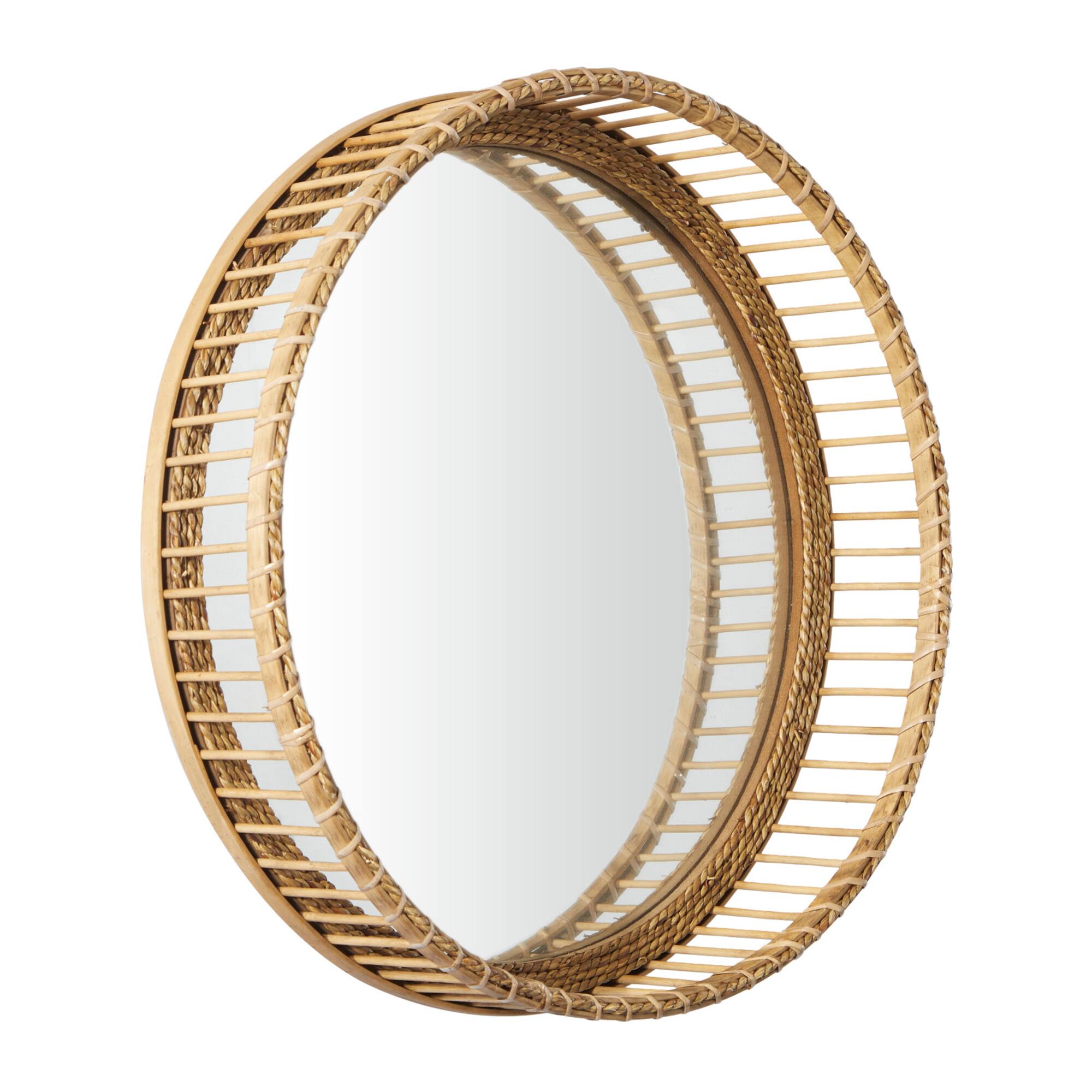 Light Brown Bamboo Handmade Weaved Rattan Wall Mirror 21" x 5" x 21"